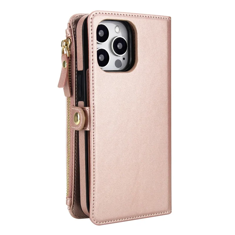 For iPhone 16 Pro Max Wallet Case Magnetic Detachable PU Leather Phone Cover with 2 Straps - Rose Gold