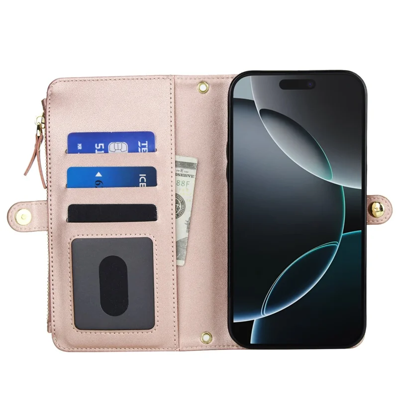 For iPhone 16 Pro Max Wallet Case Magnetic Detachable PU Leather Phone Cover with 2 Straps - Rose Gold