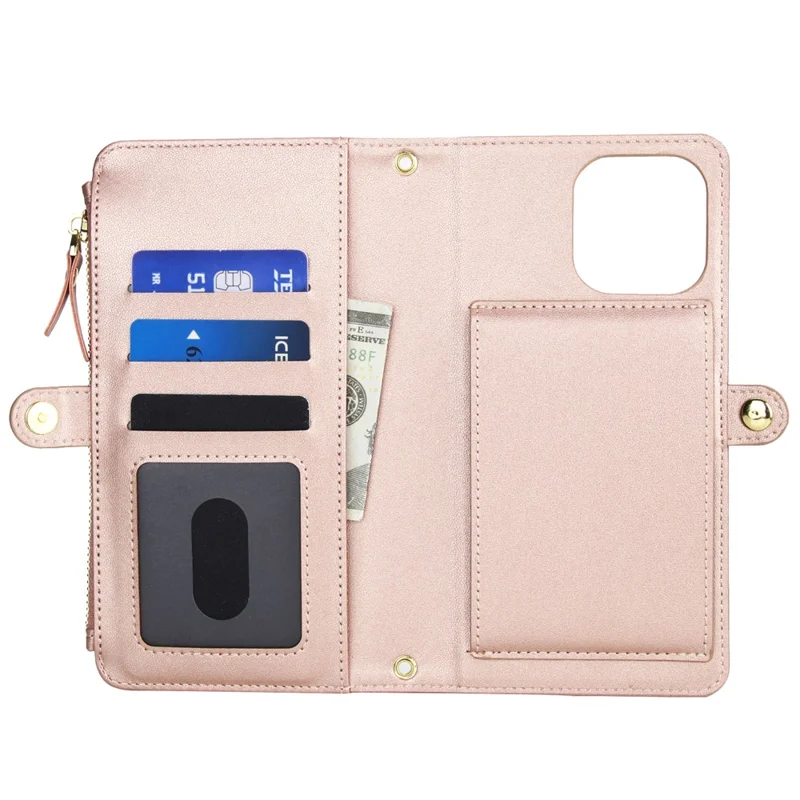 For iPhone 16 Pro Max Wallet Case Magnetic Detachable PU Leather Phone Cover with 2 Straps - Rose Gold