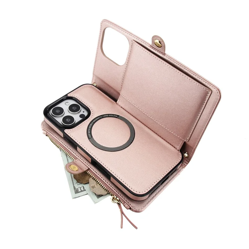 For iPhone 16 Pro Max Wallet Case Magnetic Detachable PU Leather Phone Cover with 2 Straps - Rose Gold