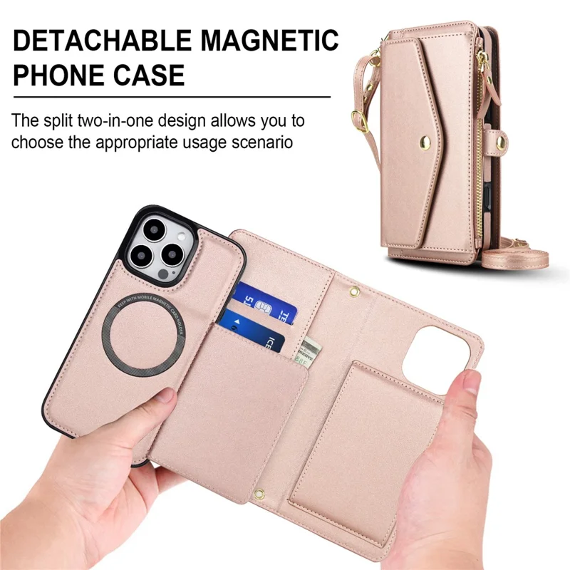 For iPhone 16 Pro Max Wallet Case Magnetic Detachable PU Leather Phone Cover with 2 Straps - Rose Gold