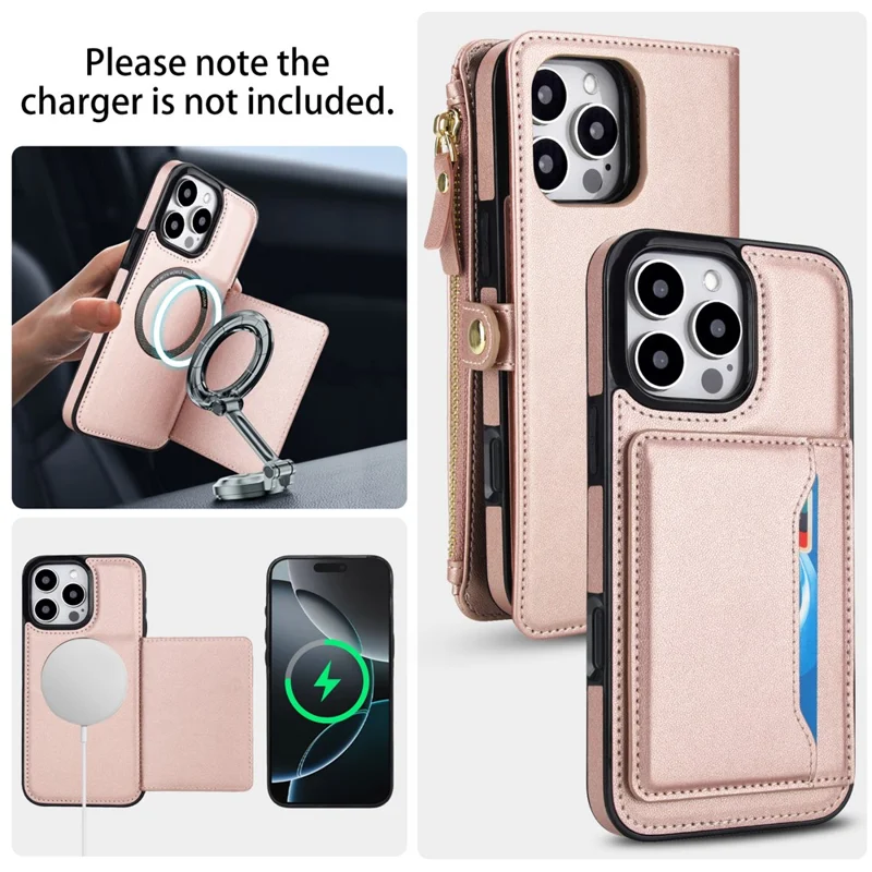 For iPhone 16 Pro Max Wallet Case Magnetic Detachable PU Leather Phone Cover with 2 Straps - Rose Gold