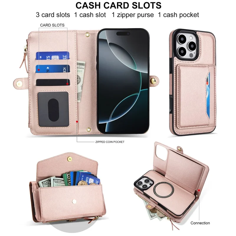 For iPhone 16 Pro Max Wallet Case Magnetic Detachable PU Leather Phone Cover with 2 Straps - Rose Gold