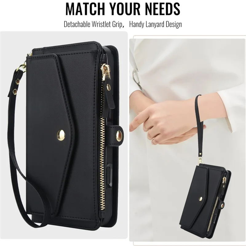 For iPhone 16 Pro Wallet Case Magnetic Detachable PU Leather Phone Cover with 2 Straps - Black