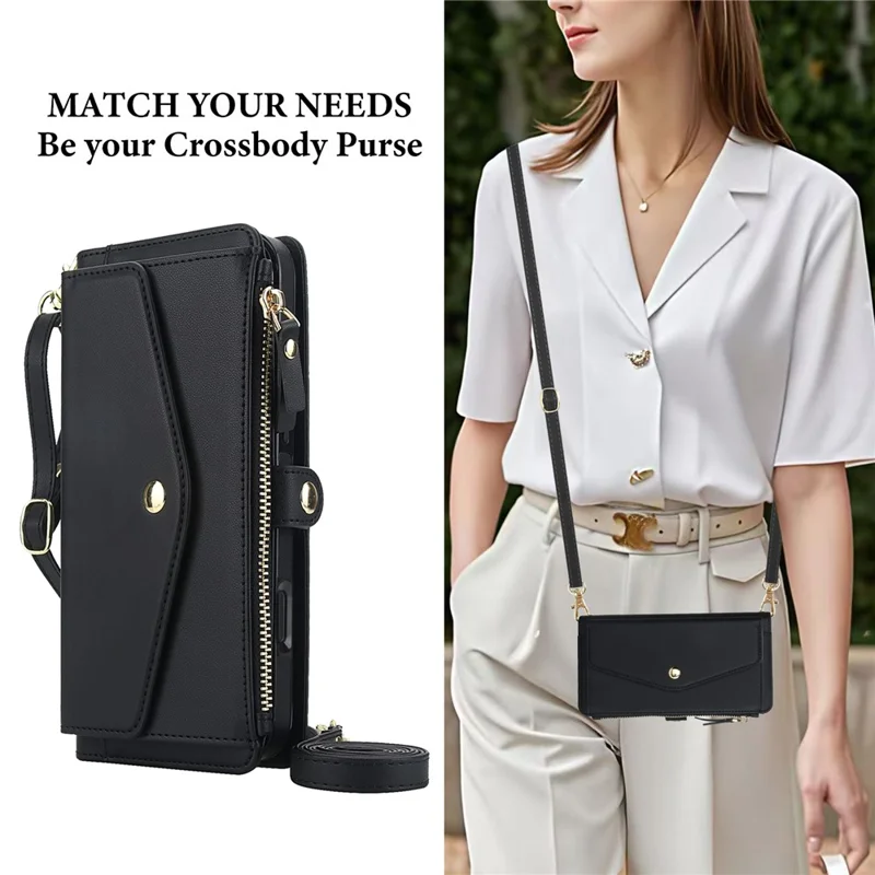 For iPhone 16 Pro Wallet Case Magnetic Detachable PU Leather Phone Cover with 2 Straps - Black