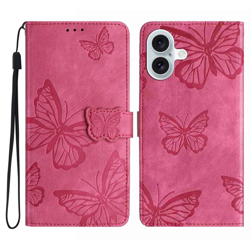 For iPhone 17 Case Butterfly Design Flip Wallet Leather Phone Cover Skin-Touch - Rose