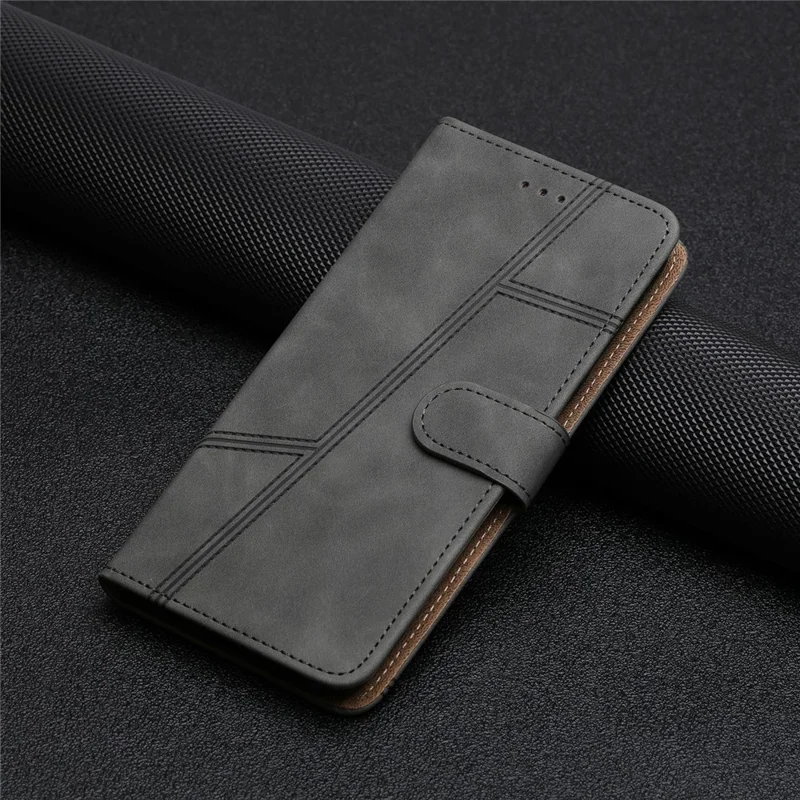 For iPhone 17 Case Flip Leather Retro Phone Cover Lines Imprinted - Grey