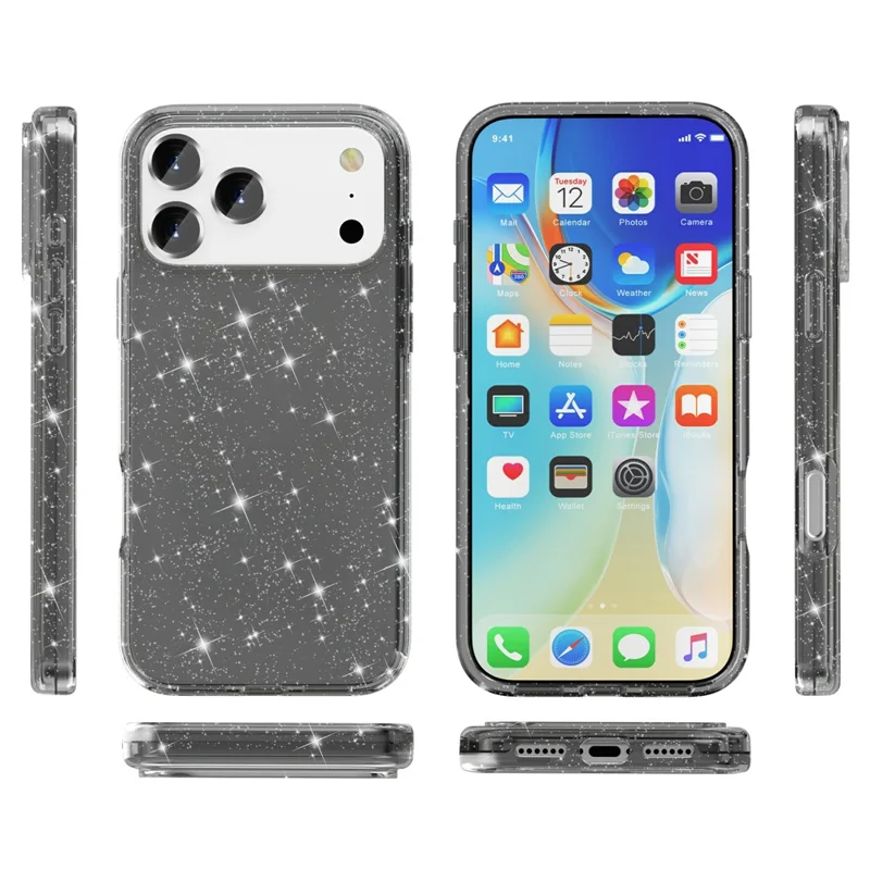 Für iPhone 17 Pro Max Hülle Glitzerpulver Glänzend Weich TPU + Harte PC Rückseite - Schwarz