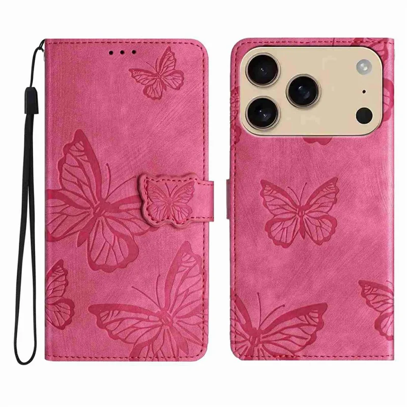 For iPhone 17 Pro Case Butterfly Design Flip Wallet Leather Phone Cover Skin-Touch - Rose