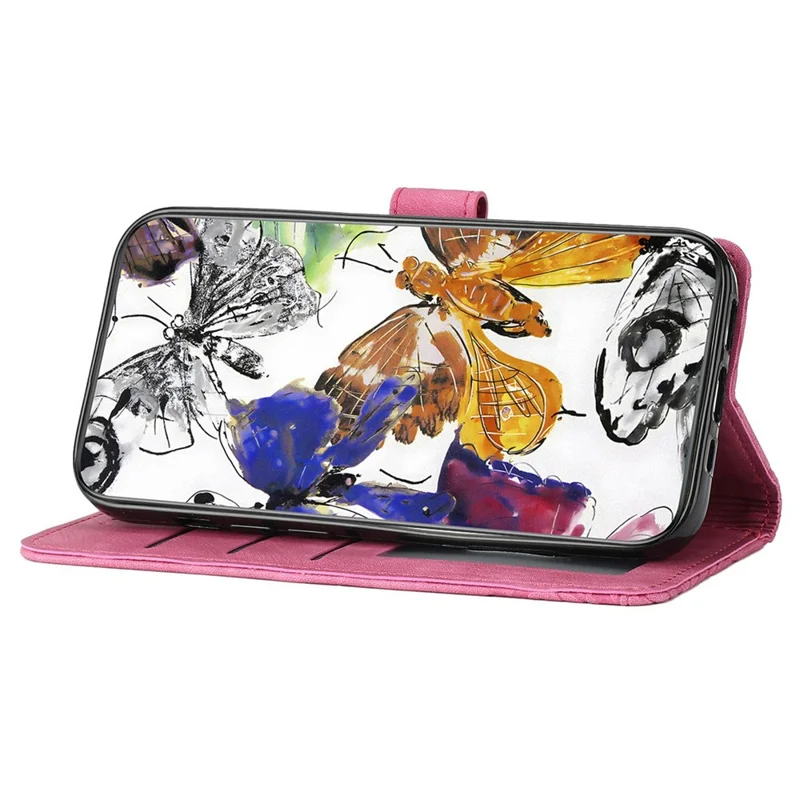 For iPhone 17 Pro Case Butterfly Design Flip Wallet Leather Phone Cover Skin-Touch - Rose