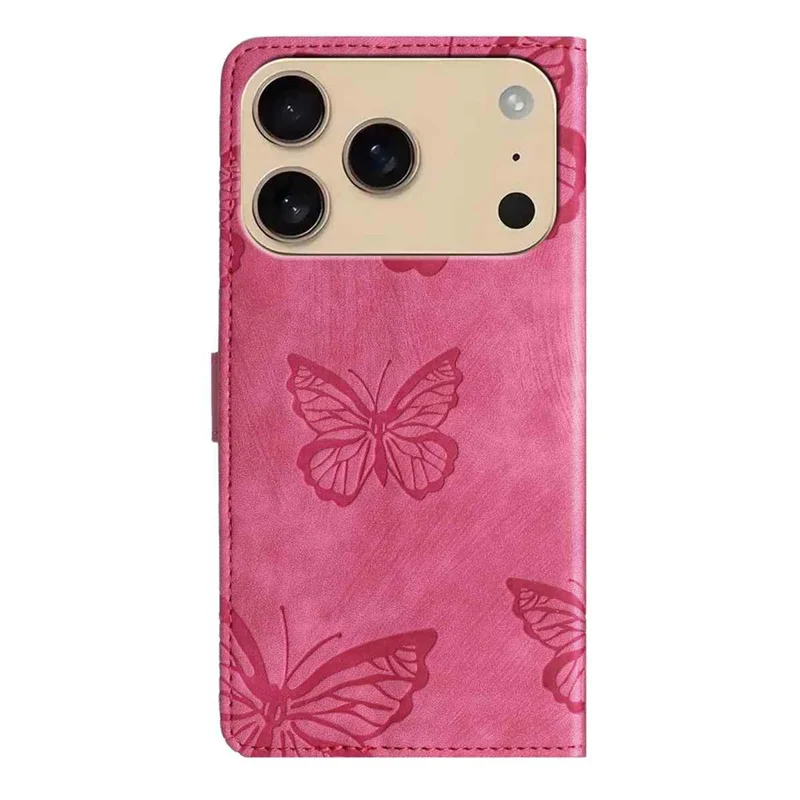 For iPhone 17 Pro Case Butterfly Design Flip Wallet Leather Phone Cover Skin-Touch - Rose