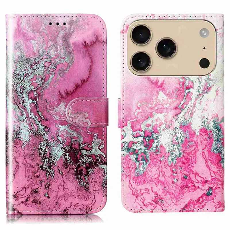 Custodia a Libro per iPhone 17 Pro con Supporto - Cover a Portafoglio in Pelle con Marmo Dipinto - Marmo Rosa Acquamarina