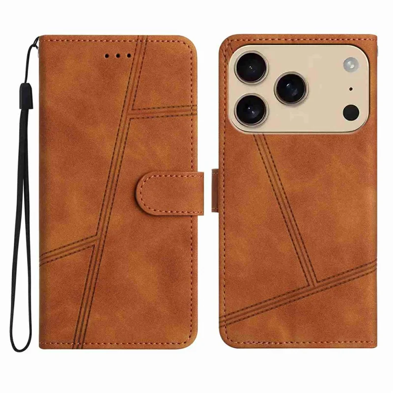 Funda tipo libro de cuero retro para iPhone 17 Pro con líneas impresas - Marrón