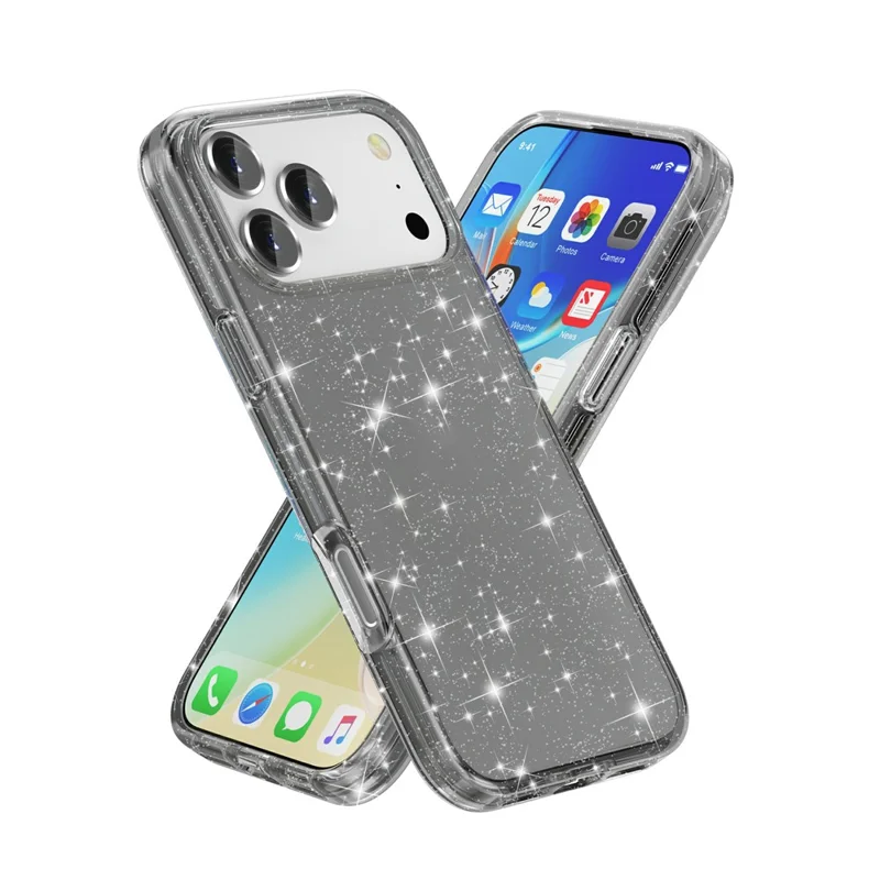 For iPhone 17 Pro Case Sparkly Powder Glitter Shiny Soft TPU + Hard PC Back Cover - Black