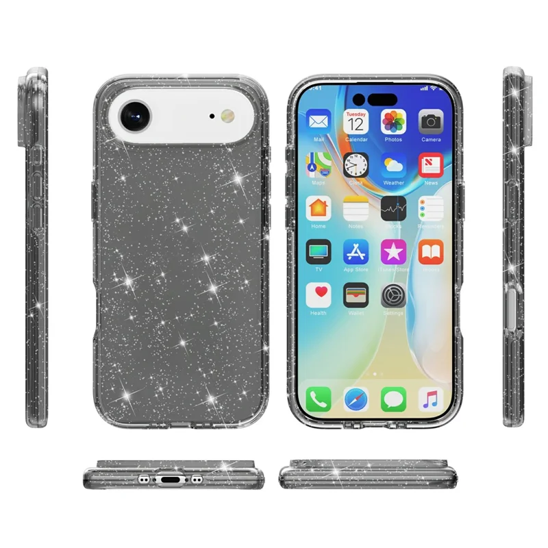 For iPhone 17 Air Case Sparkly Powder Glitter Shiny Soft TPU + Hard PC Back Cover - Black
