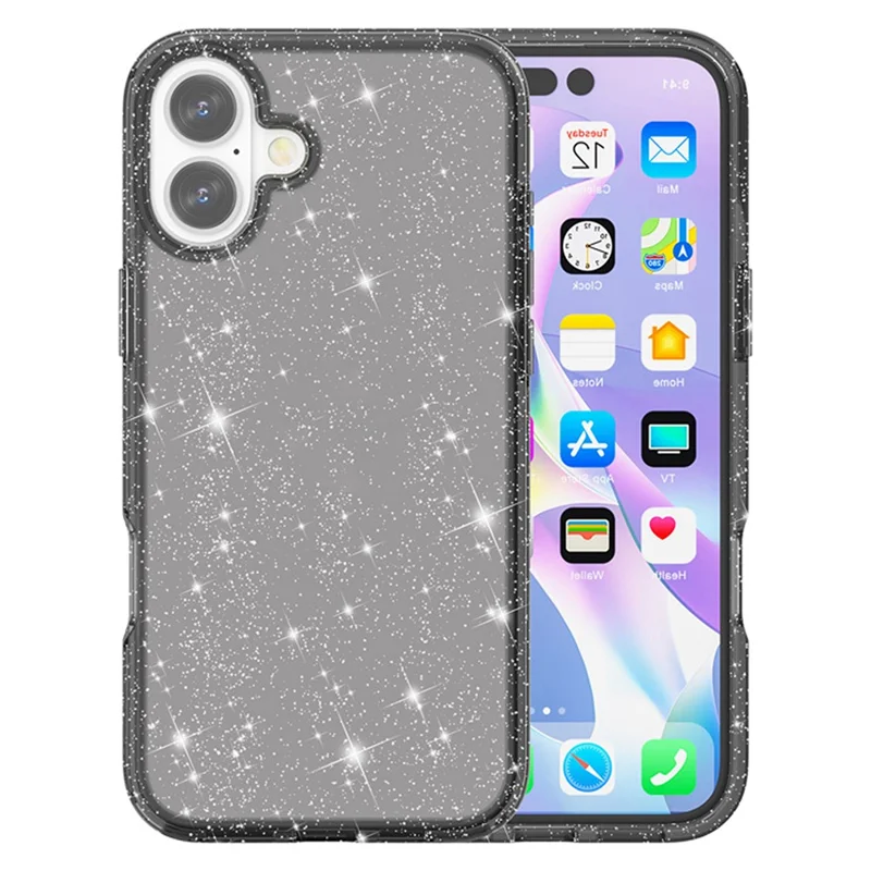 For iPhone 17 Case Sparkly Powder Glitter Shiny Soft TPU + Hard PC Back Cover - Black