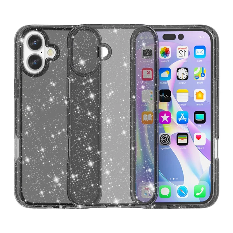 For iPhone 17 Case Sparkly Powder Glitter Shiny Soft TPU + Hard PC Back Cover - Black