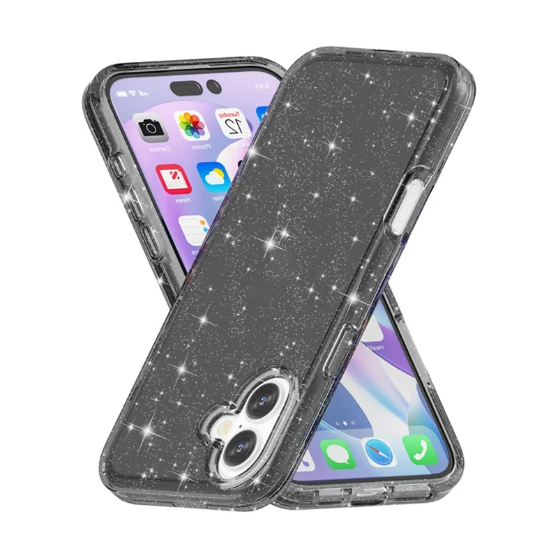 For iPhone 17 Case Sparkly Powder Glitter Shiny Soft TPU + Hard PC Back Cover - Black