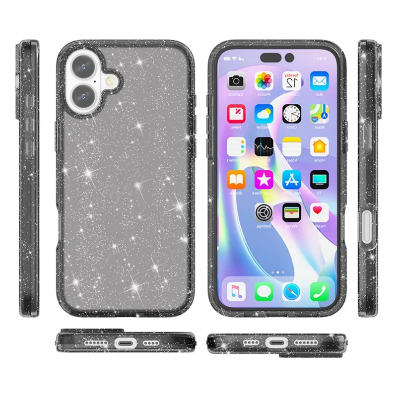 For iPhone 17 Case Sparkly Powder Glitter Shiny Soft TPU + Hard PC Back Cover - Black