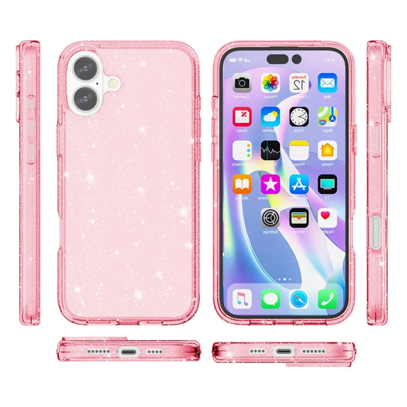 For iPhone 17 Case Sparkly Powder Glitter Shiny Soft TPU + Hard PC Back Cover - Pink
