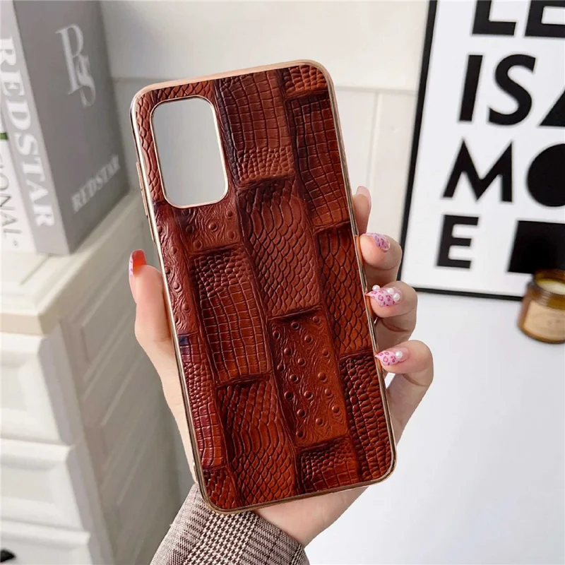 Para Samsung Galaxy A33 5G Teléfono Celular Nano Electroplatación de Textura Mahjong Genuine Cow Wide Leather+PC+TPU Case de Carcasa Anti-scratch Telephil - Marrón