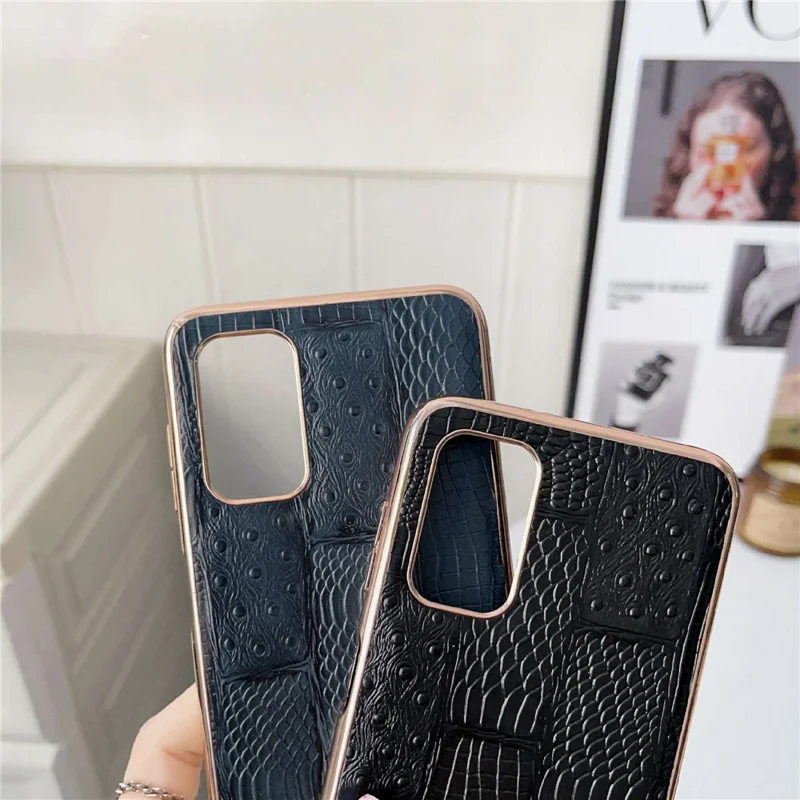 Para Samsung Galaxy A33 5G Teléfono Celular Nano Electroplatación de Textura Mahjong Genuine Cow Wide Leather+PC+TPU Case de Carcasa Anti-scratch Telephil - Marrón