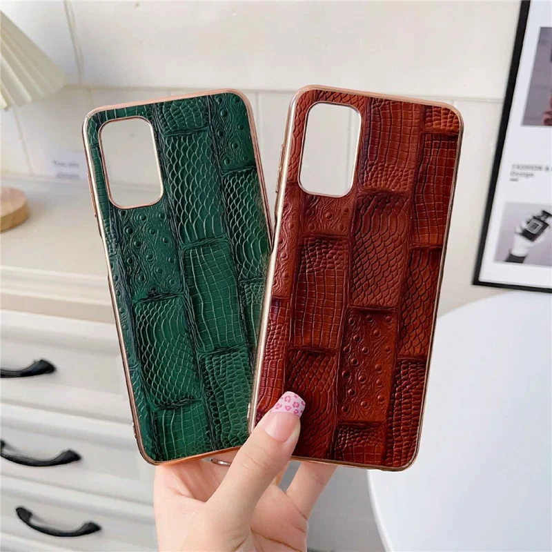 Para Samsung Galaxy A33 5G Teléfono Celular Nano Electroplatación de Textura Mahjong Genuine Cow Wide Leather+PC+TPU Case de Carcasa Anti-scratch Telephil - Marrón