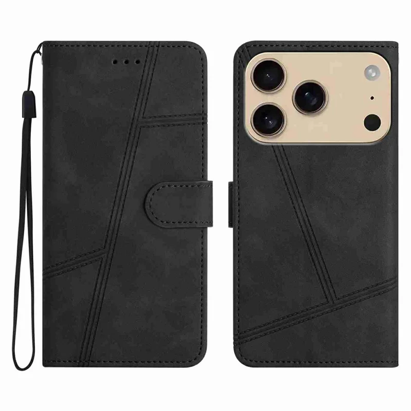 For iPhone 17 Pro Max Case Flip Leather Retro Phone Cover Lines Imprinted - Black