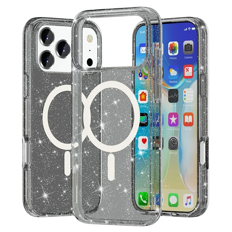 For iPhone 17 Pro Max Case Compatible with MagSafe Glitter Powder PC + TPU Phone Cover - Black