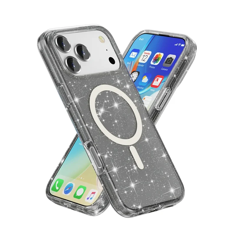For iPhone 17 Pro Max Case Compatible with MagSafe Glitter Powder PC + TPU Phone Cover - Black