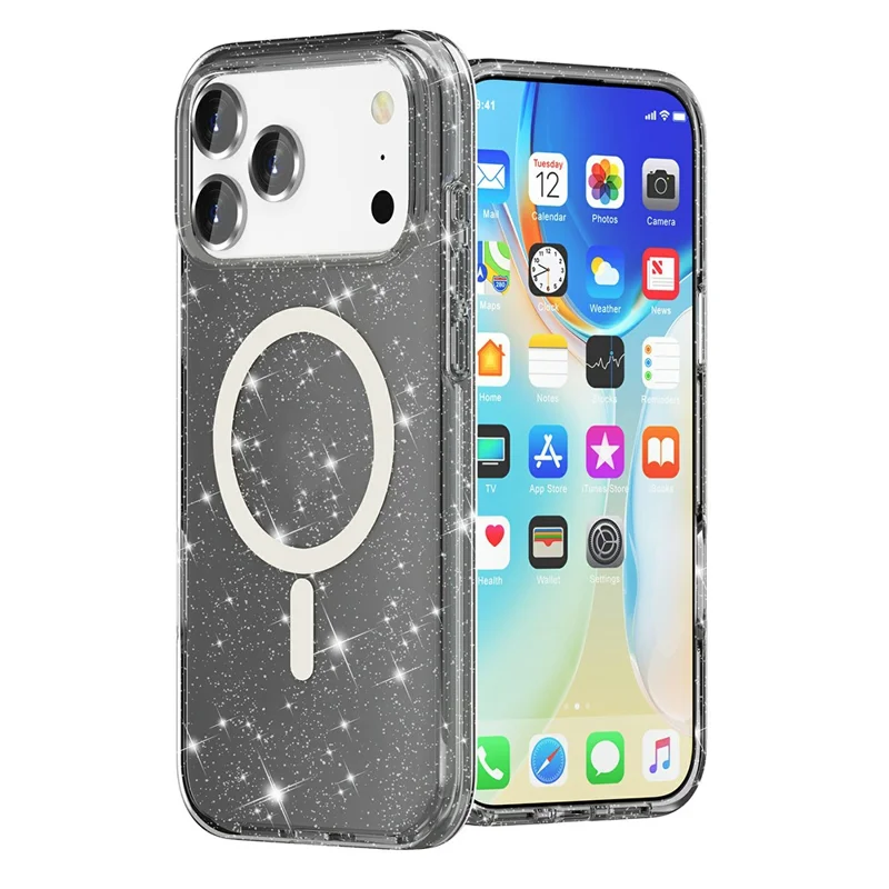 For iPhone 17 Pro Max Case Compatible with MagSafe Glitter Powder PC + TPU Phone Cover - Black