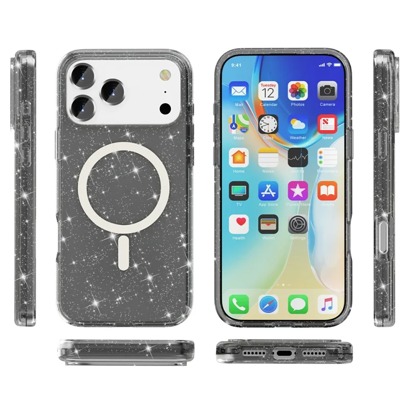For iPhone 17 Pro Max Case Compatible with MagSafe Glitter Powder PC + TPU Phone Cover - Black