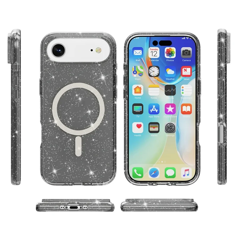 Custodia per iPhone 17 Air compatibile con MagSafe Glitter Powder PC + Custodia per telefono in TPU - Nero