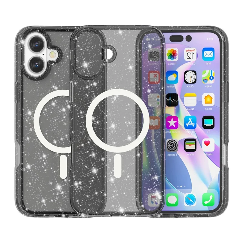 Handyhülle für iPhone 17 – Kompatibel mit MagSafe, Glitzer-Design, PC + TPU Schutzhülle – Schwarz