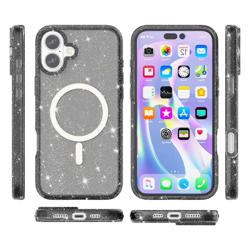 Handyhülle für iPhone 17 – Kompatibel mit MagSafe, Glitzer-Design, PC + TPU Schutzhülle – Schwarz