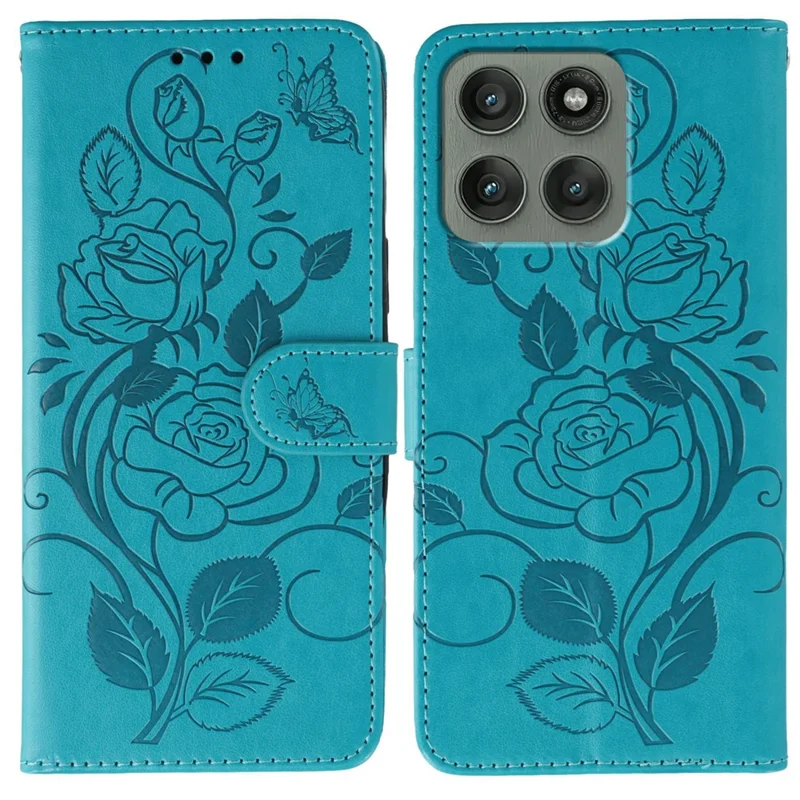 For Motorola Edge 60 Pro 5G Case Wallet Stand Imprinted Rose Butterfly PU Leather Phone Cover - Blue