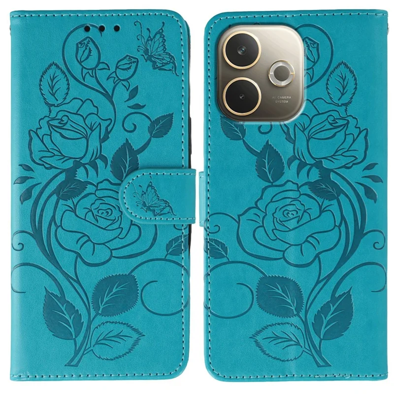 Handyhülle für Oppo A5 Pro 5G (Global) / 4G (Global) / A5 Energy 5G (China), Brieftasche mit Ständer und geprägtem Rosen-Schmetterlings-Muster aus PU-Leder - Blau