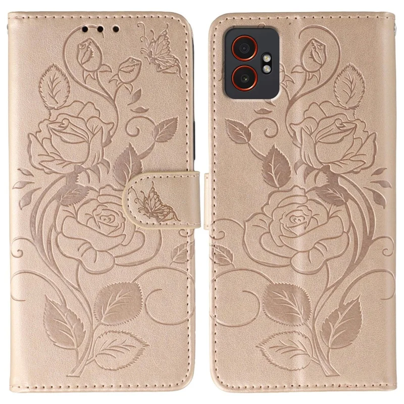 Cover a portafoglio con supporto per Samsung Galaxy XCover7 Pro, con rosa e farfalla stampate, in pelle PU - Oro rosa