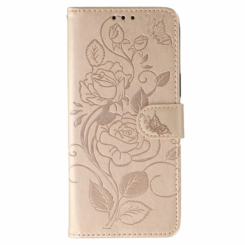 Cover a portafoglio con supporto per Samsung Galaxy XCover7 Pro, con rosa e farfalla stampate, in pelle PU - Oro rosa