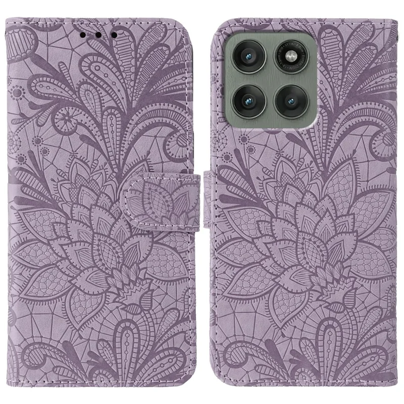 For Motorola Edge 60 Pro 5G Case Lace Flowers PU Leather Flip Wallet Phone Cover with Wrist Strap - Purple