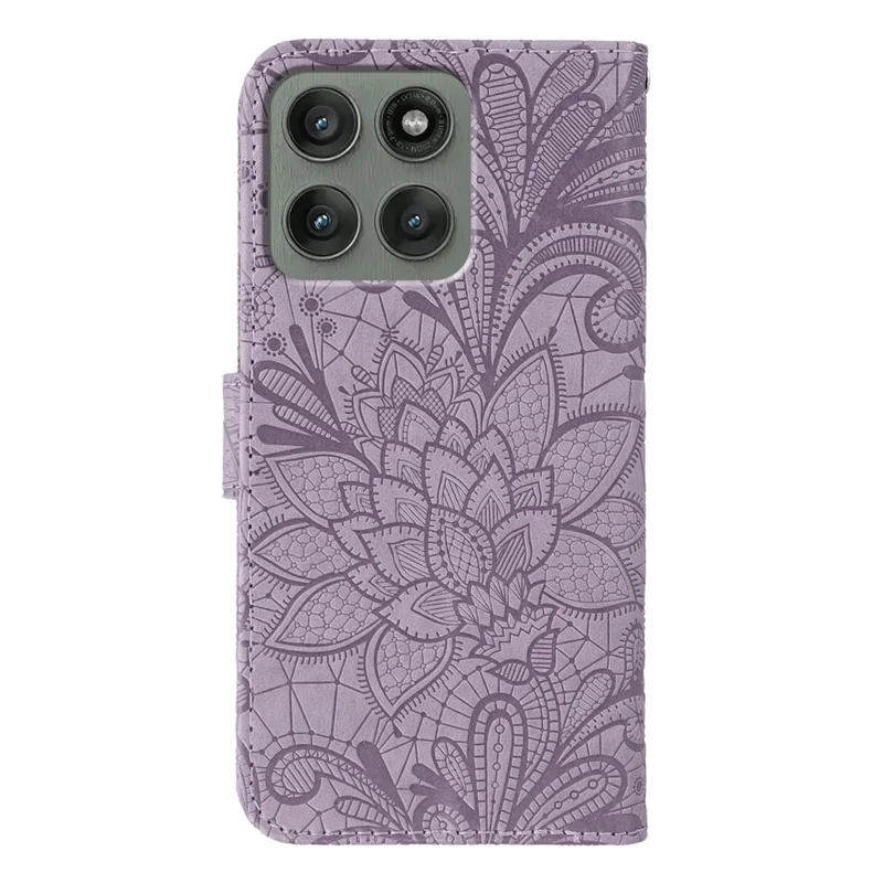For Motorola Edge 60 Pro 5G Case Lace Flowers PU Leather Flip Wallet Phone Cover with Wrist Strap - Purple