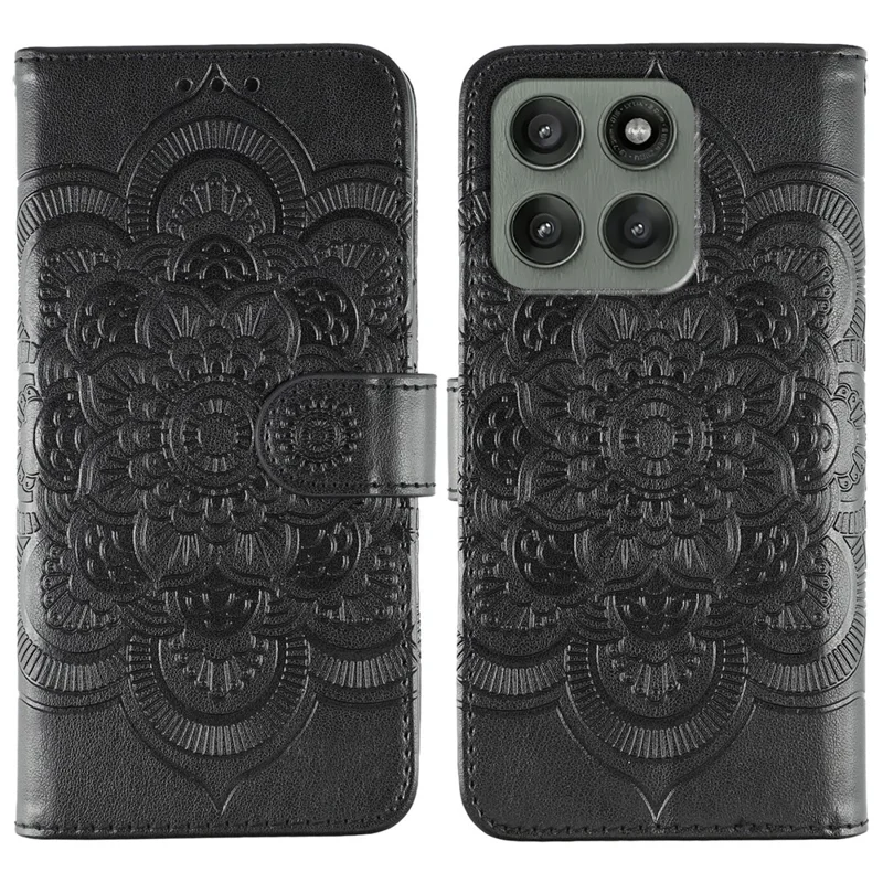 For Motorola Edge 60 Pro 5G Case PU Leather Mandala Imprinted Design Wallet Phone Cover - Black