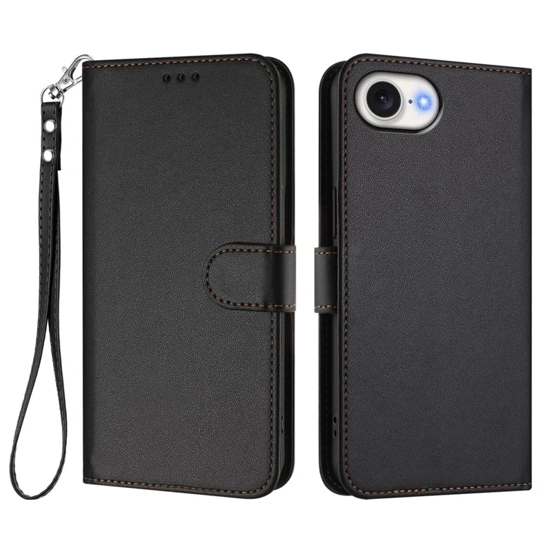 Funda de cuero para iPhone 16e con soporte tipo cartera y correa de muñeca - Negro