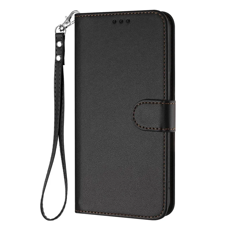 Funda de cuero para iPhone 16e con soporte tipo cartera y correa de muñeca - Negro