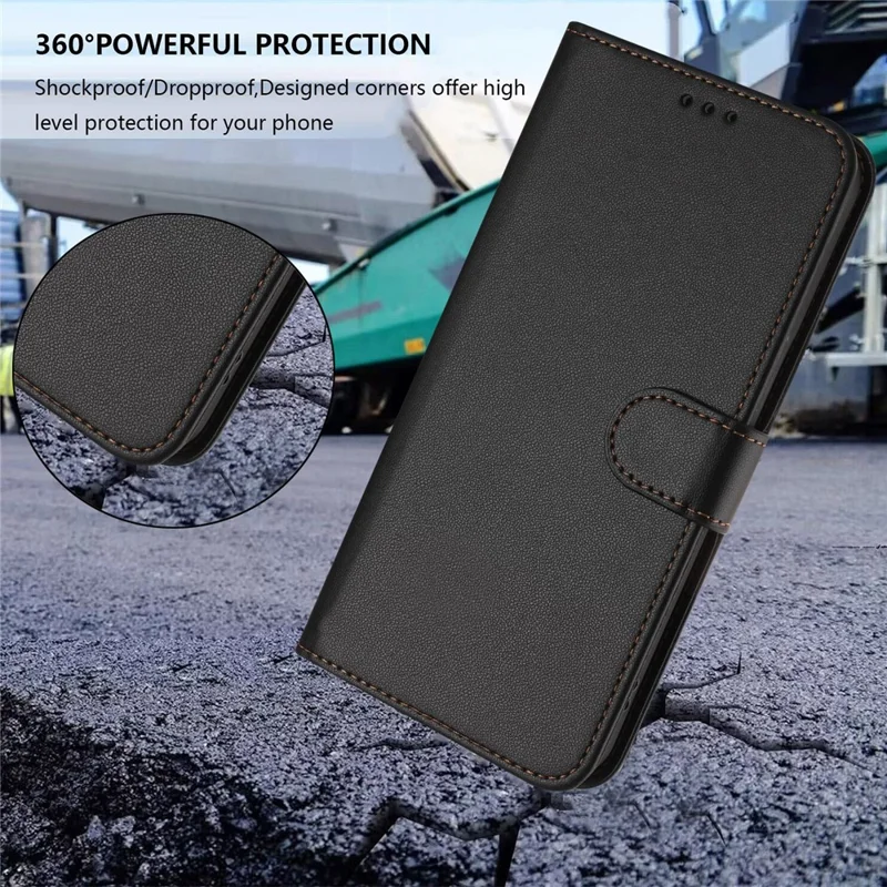 Funda de cuero para iPhone 16e con soporte tipo cartera y correa de muñeca - Negro