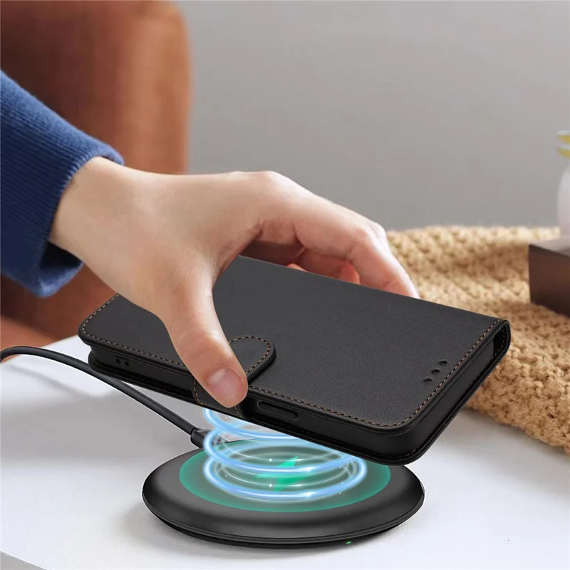 Funda de cuero para iPhone 16e con soporte tipo cartera y correa de muñeca - Negro