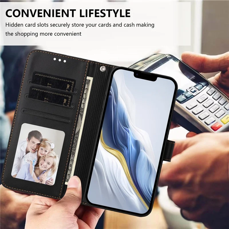 Funda de cuero para iPhone 16e con soporte tipo cartera y correa de muñeca - Negro