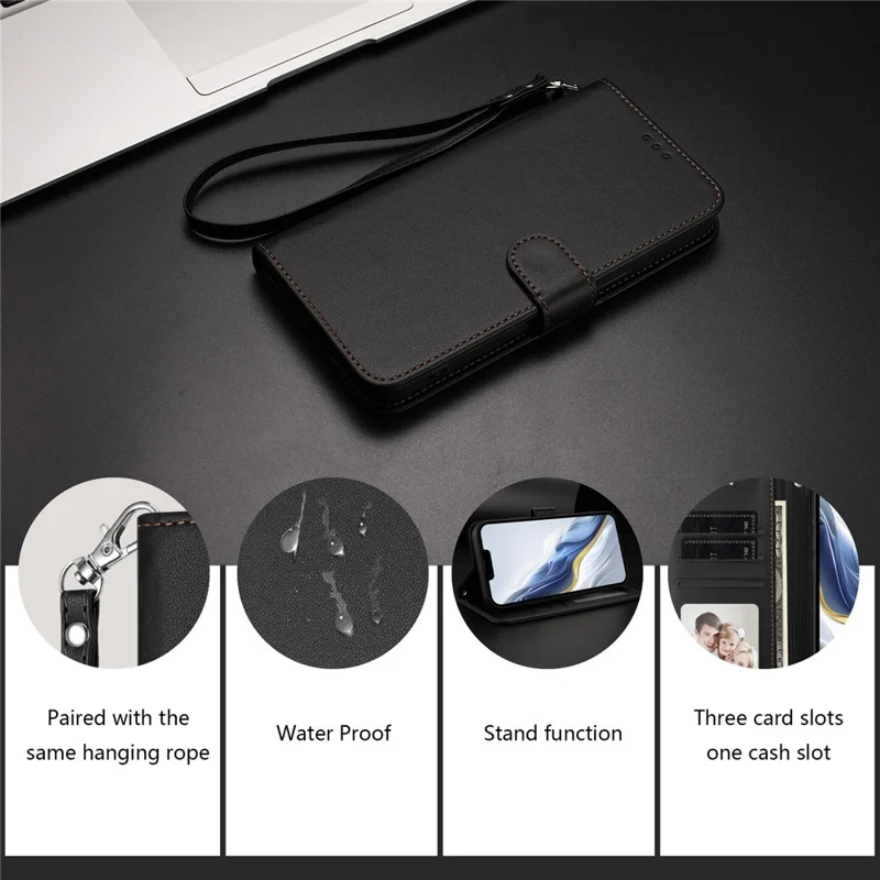 Funda de cuero para iPhone 16e con soporte tipo cartera y correa de muñeca - Negro