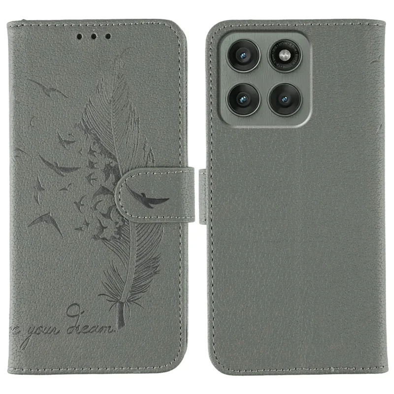 For Motorola Edge 60 Pro 5G Case Feather Imprint PU Leather Wallet Phone Cover - Grey