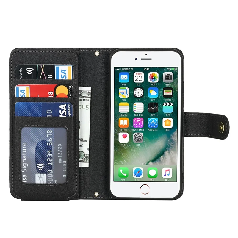 Ständer Hülle für iPhone SE (2022) / (2020) / 8 / 7 PU-Leder Handyhülle mit Trageband / Reißverschluss Geldbörse / Mehrere Kartenfächer - Schwarz